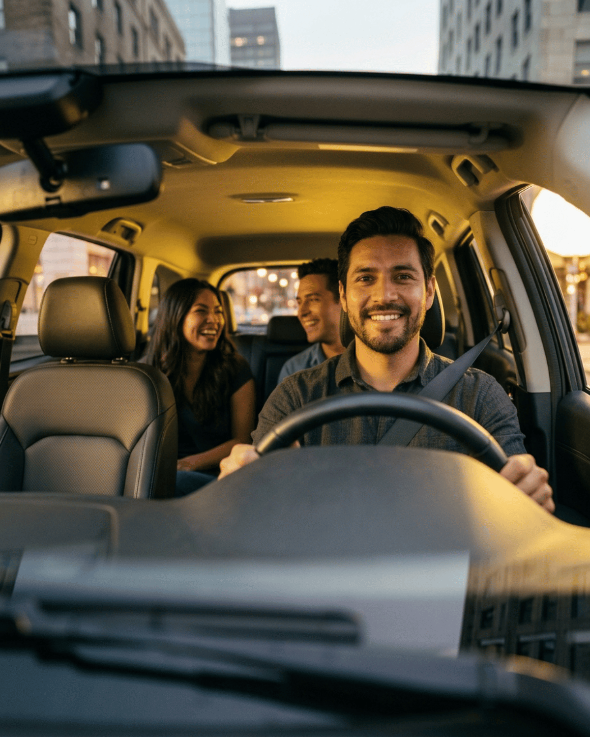 ASL Ride driver giving a ride to two smiling passengers